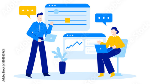 Two people with laptops engaged in a discussion. Suitable for business, teamwork, technology, meeting concepts in presentations or websites.