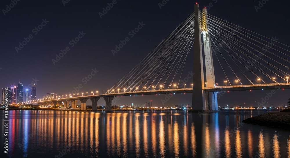 Fototapeta premium Zayed Bridge Night Lightscape - Modern architecture, urban scene, bridge reflection, city lights, nighttime beauty. Symbolizing progress, connection, urban development, reflection, and illumination