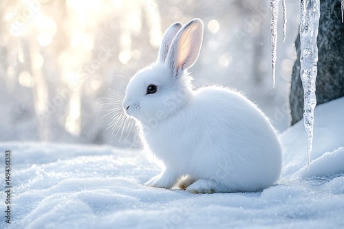A white rabbit sitting on snow covered ground with icicles hanging in the background on a winter day