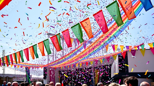 Rainbow confetti bursts from vibrant banners, celebratory atmosphere , event, fete, jamboree