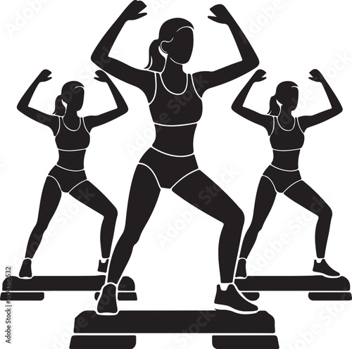Step Aerobics Workout Silhouettes Vector