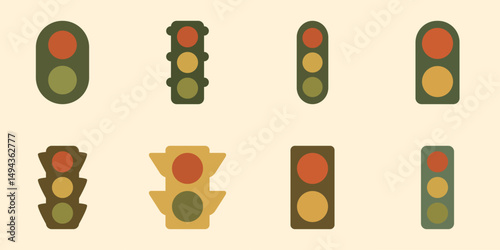 Set of colorful traffic signal illustrations with various shapes and light combinations