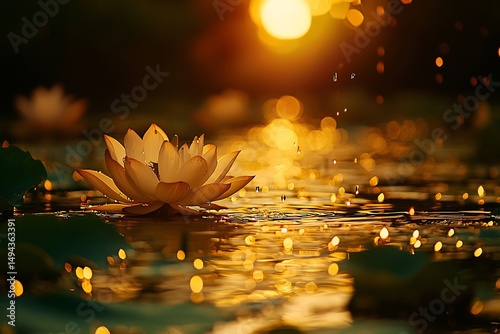 Lotus blossom in golden sunlight a moment of peace and serenity reflected in the tranquil waters at dawn with bokeh and