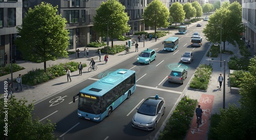 City Street with Autonomous Vehicles and Pedestrians