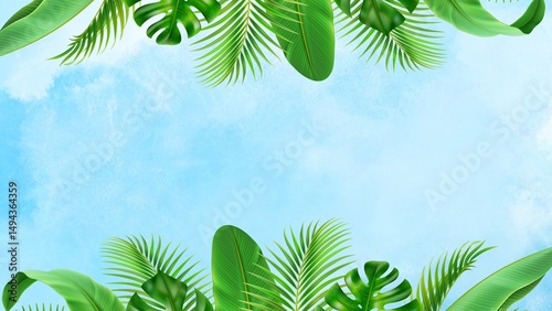 Lush tropical nature with palm trees, green leaves, and a bright sky offers a perfect summer beach landscape