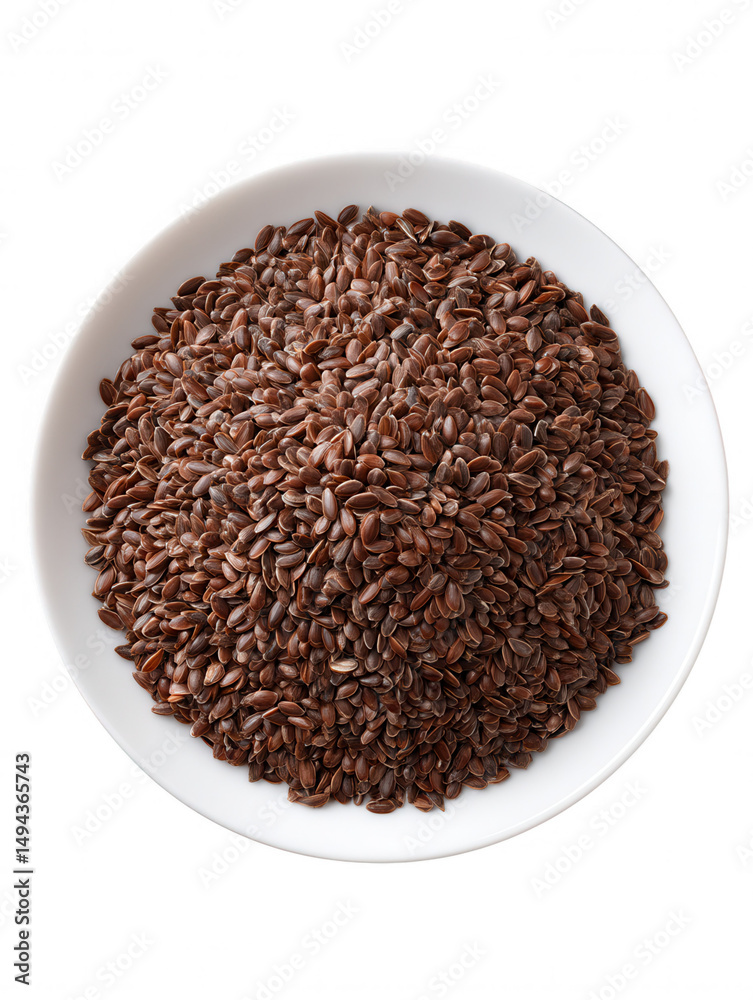 An overhead studio shot captures a white bowl filled to the brim with nutritious and healthy brown flax seeds, showcasing its rich texture and natural appearance. An overhead studio shot captures a white bowl filled to the brim with nutritious and healthy brown flax seeds, showcasing its rich texture and natural appearance.