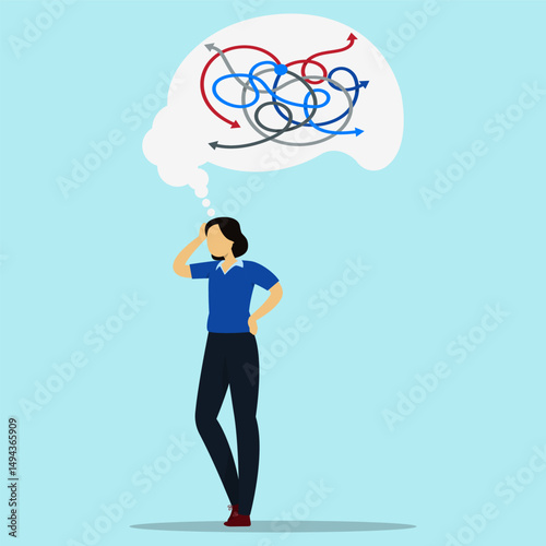 Tired businesswoman with confusion struggle. Confusion about many possible solutions and mental pressure.