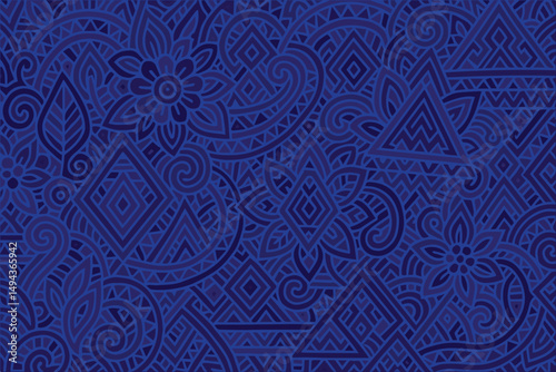 The background combines dark blue shades with detailed ethnic doodles, delivering a sophisticated vector design that evokes depth, culture, and hand drawn artistry.