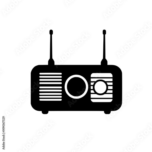 Classic retro radio icon with twin antennas and speaker details in black and white vector style