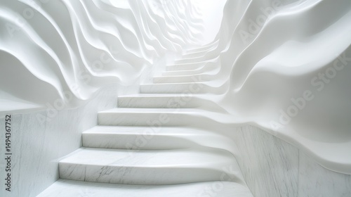 Ascending white marble stairs sculpted with wave-like walls lead toward bright light above. Smooth, ethereal