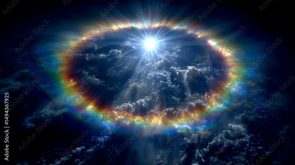 Obraz premium Spectacular aerial view of a rainbow halo encircling a bright sun over a sea of clouds