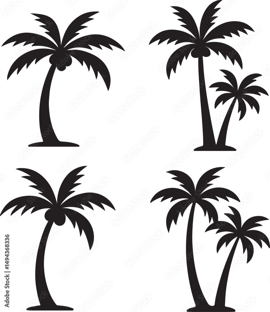 Fototapeta premium Coconut Tree Icon Silhouette Set Tropical Palm Tree Vector Illustrations.