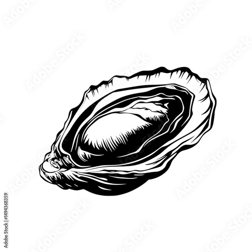 Detailed oyster shell icon in black sketch style representing seafood cuisine and gourmet shellfish