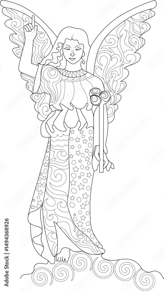 Divine Angel Line Art Illustration, Detailed black and white line art illustration of a majestic angel. The celestial figure stands gracefully with large, ornately decorated wings and a patterned Divine Angel Line Art Illustration, Detailed black and white line art illustration of a majestic angel. The celestial figure stands gracefully with large, ornately decorated wings and a patterned