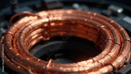 Close-up of a copper coil, showcasing intricate windings and electrical connections , energy, voltage, inductance