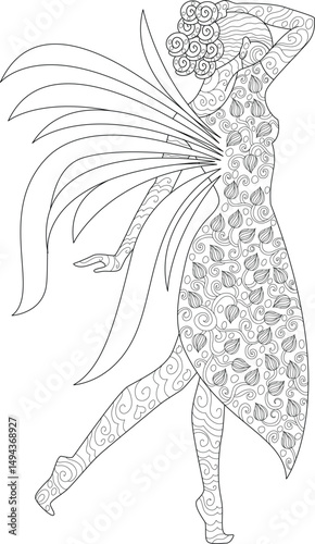 Stylized Angel or Fairy Line Art for Coloring, Detailed black and white line art illustration of a stylized figure with large wings and intricate patterns on its body, posing gracefully. Ideal for 