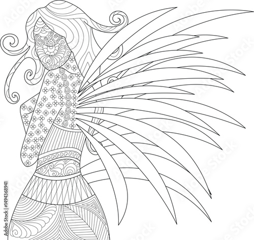 Intricate Angel Line Art Illustration for Coloring Book, Detailed black and white line art illustration of an angel with large decorative wings and intricate patterns on the dress and body, suitable 