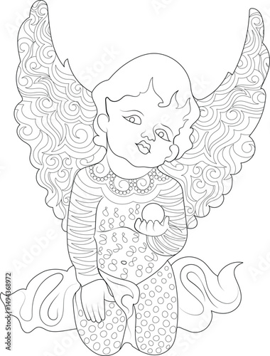 Ornate Baby Angel Line Art - Coloring Page, Detailed black and white line art illustration of a cute baby angel or cherub with large, decorative wings and patterned clothing, holding a spherical 