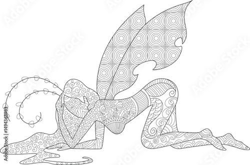 Zentangle Style Fairy Line Art Illustration, Detailed line art illustration of a fantasy fairy or angel figure in a zentangle-inspired decorative style. Perfect for adult coloring books, creative 