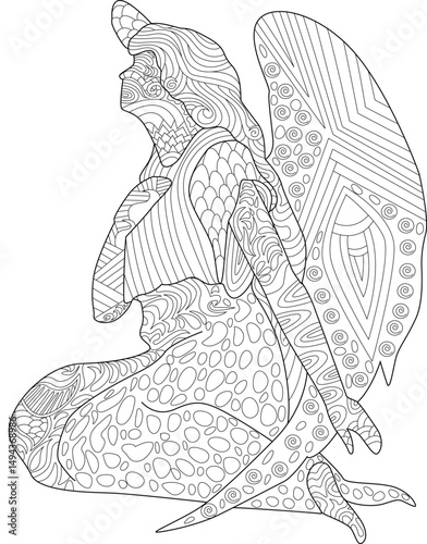 Zentangle Style Angel Kneeling Line Art, Detailed line drawing of a kneeling angel figure with intricate zentangle-inspired patterns on its body and wings. Ideal for adult coloring books, spiritual 