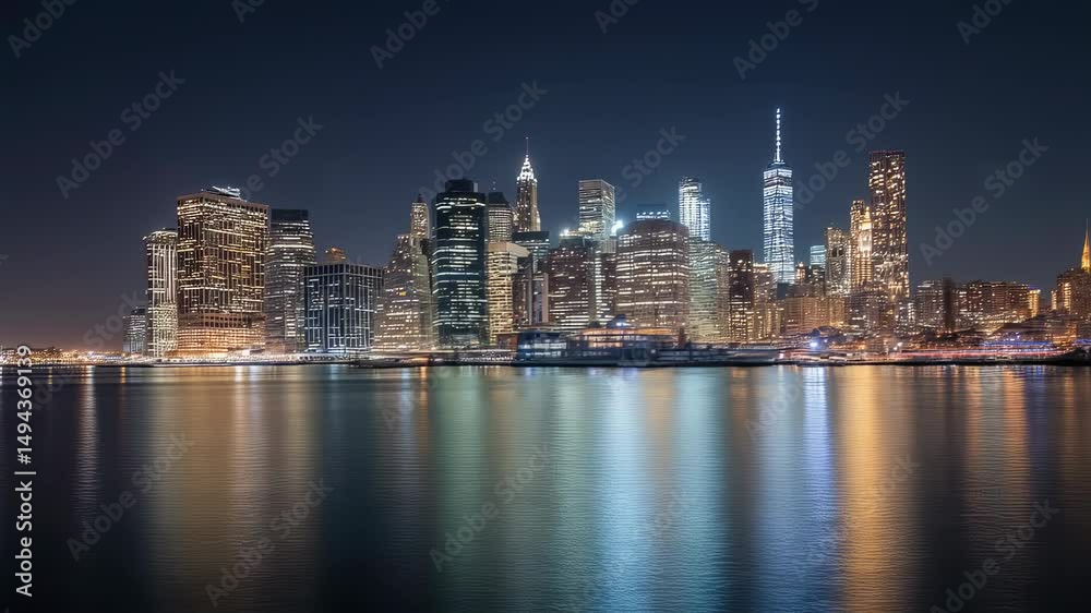 Panoramic night view of manhattan skyline with glittering skyscrapers and new york city lights reflected on hudson river Panoramic night view of manhattan skyline with glittering skyscrapers and new york city lights reflected on hudson river