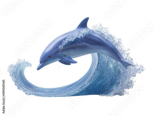 A majestic blue dolphin leaps gracefully over a curling wave against a clean white backdrop showcasing its powerful body and aquatic grace in a dynamic composition. photo