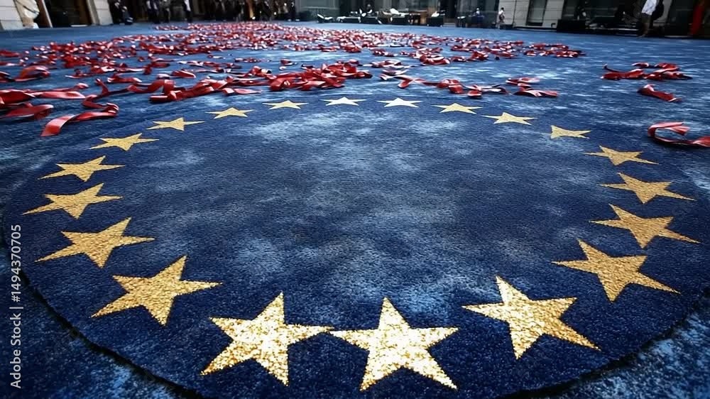 Blue carpet featuring golden stars with red ribbons scattered, set in a grand indoor space