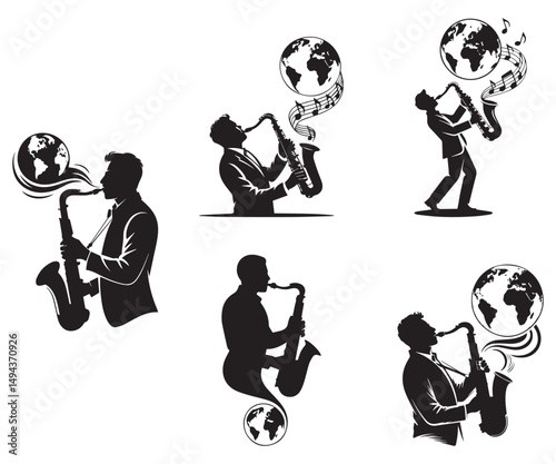 Jazz Saxophone Player Silhouettes with Earth Globe Music Concept