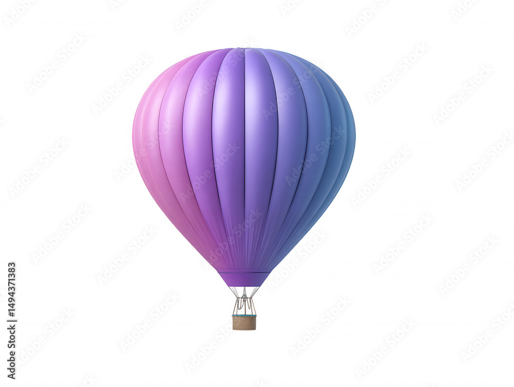 Obraz premium A vibrant, captivating hot air balloon with a gradient of pink, purple and blue soars gracefully against a pristine white backdrop, inviting dreams of adventure.