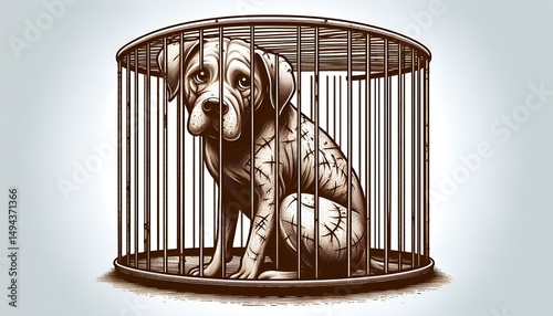A caged dog with visible scars and sad eyes, symbolizing animal abuse and neglect in an abandoned shelter.