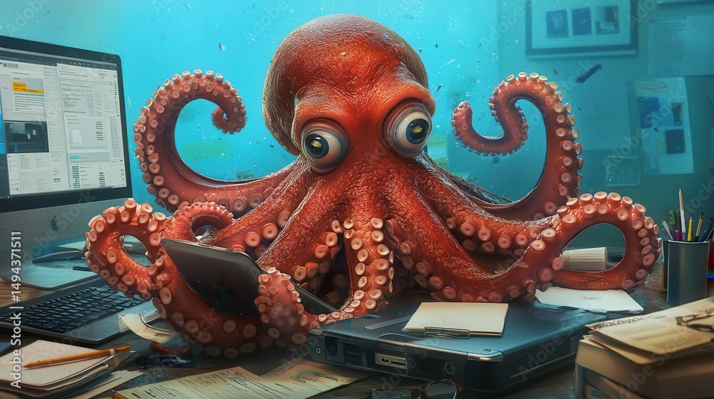 Obraz premium Playful Red Octopus at Work in a Vibrant Underwater Office Environment Surrounded by Technology and Papers