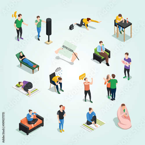 isometric People Under Stress Set face success workplace emotional pain character tie wellness mind busy uncomfortable angry problems expression crisis sadness help 
