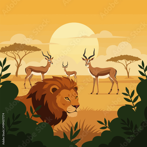 Lion Stalking Antelopes in an African Savanna Illustration at Sunset