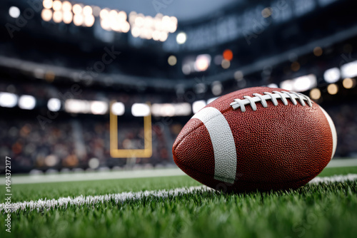 American football stadium with game ball in foreground representing game day and sports event photo
