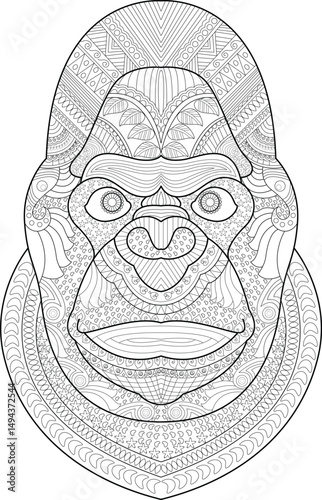 Intricate Patterned Gorilla Face Coloring Page, Detailed line art illustration of a gorilla face filled with complex decorative patterns, perfect for adult coloring books, relaxation, and 