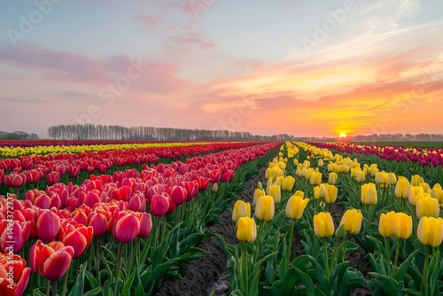 Rows of vibrant tulips in full bloom under a radiant sunrise painting the sky with hope on a spring morning with soft