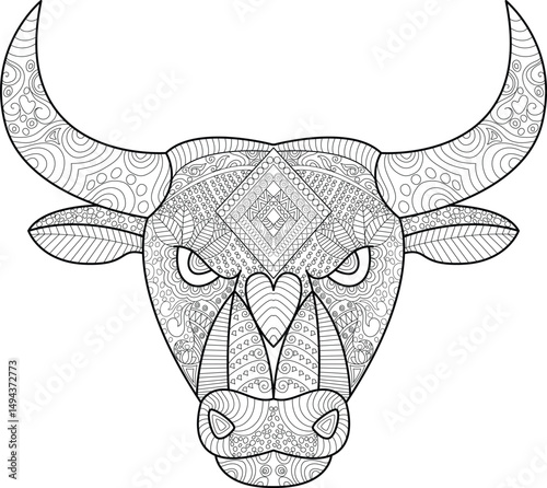 Ornate Zentangle Style Bull Head Illustration, Detailed black and white line art illustration of a bull head, featuring intricate Zentangle-inspired patterns and designs. Ideal for coloring books, 