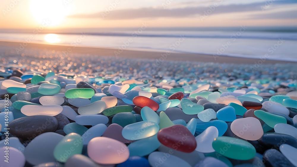 Obraz premium Closeup view of colorful sea glass scattered on a sandy beach at sunset
