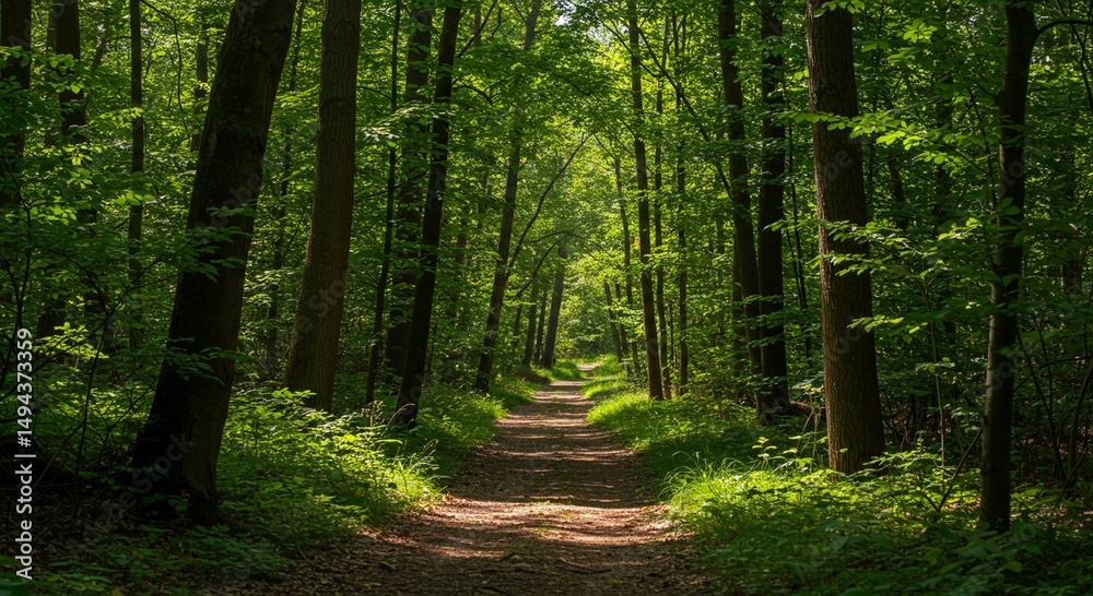 Obraz premium Hiking Trail Through Lush Green Forest with Sunlight Filtering Through Trees
