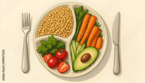Balanced Meal on Plate with Vegetables and Beans Illustration