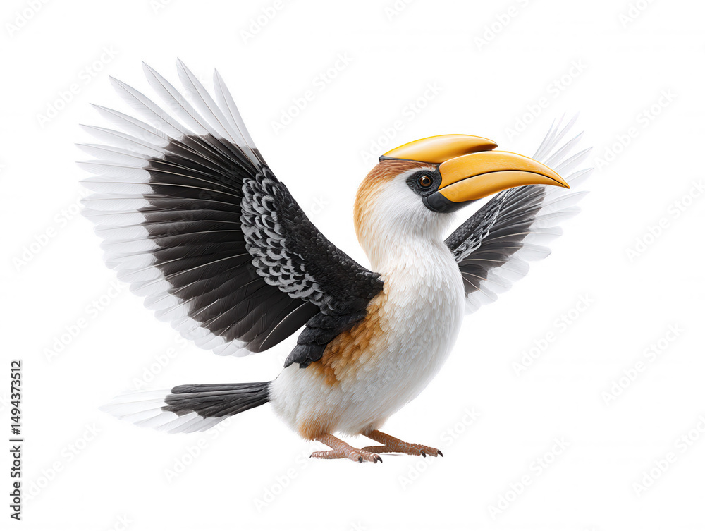 Fototapeta premium A vibrant hornbill bird with white and black plumage elegantly spreads its wings, showcasing its magnificent yellow beak against a crisp, clean white backdrop.