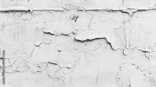 Close up of a white painted brick wall with peeling paint and cracks in a monochrome image