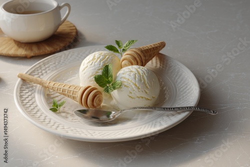 Delicious vanilla ice cream served in waffle cones with fresh mint leaves on a decorative plate against a soft kitchen background