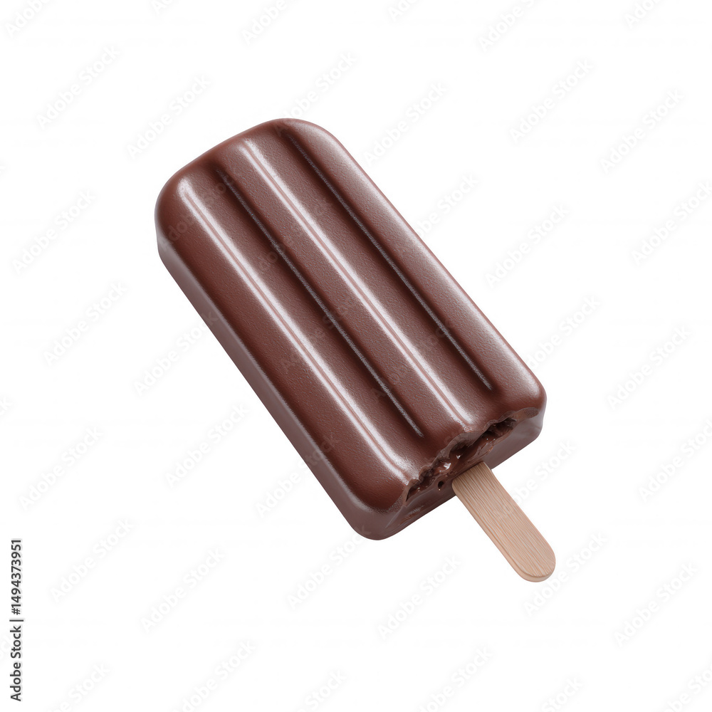 Obraz premium A delicious looking chocolate fudge popsicle resting diagonally with a bite taken out of it shows the creamy dessert against a crisp clean white background.