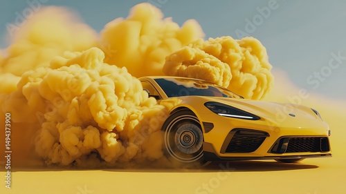 Yellow sports car emerging from a cloud of yellow dust on a surface