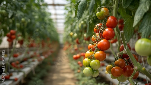 Rows of Tomato Plants in Greenhouse with Ripe and Unripe Tomatoes