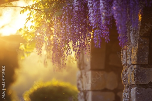 A cascade of wisteria blooms bathed in the golden light of dawn creating a serene and magical garden gateway framed by