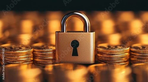 Metallic Padlock on Stacks of Coins Representing Security and Protection of Wealth and Financial Assets
