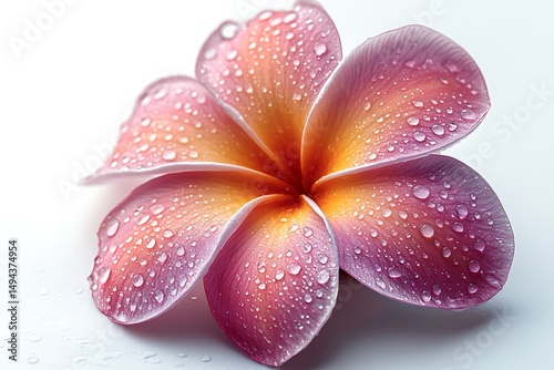 Dew drops on a pink and orange plumeria blossom