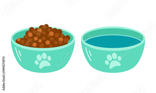 Two pet bowls, one filled with food for dogs and cats. and the other with water. For pets projects.